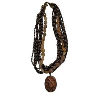 Vintage Stephen Dweck Bronze Metal Necklace w/Carved Dyed Pearl Medallion